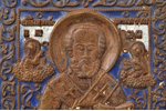 ikona, Svētais Nikolajs Brīnumdarītājs, vara sakausējuma, 2-krāsu emalja, 19. gs., 11.6 x 9.7 x 0.4...
