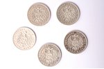 set of 5 coins: 5 marks, 1895 / 1902 / 1903 / 1904 / 1908, Wilhelm II of Württemberg (Wilhelm Karl P...