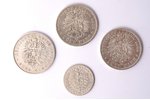 set of 4 coins: 2 and 5 marks, 1874 / 1875 / 1876, A, B, Wilhelm I Friedrich Ludwig King of Prussia,...