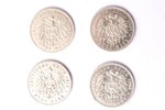 set of 4 coins: 5 marks, 1904 / 1907 / 1908 / 1913, Wilhelm II (Friedrich Wilhelm Victor Albert) Kin...