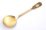 spoon for salad, silver, 84 standard, 111.35 g, engraving, niello enamel, gilding, 26 cm, by Pyotr E...