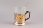 tea glass holder with glass and teaspoon, silver / glass, 875 standard, total weight of silver 137.3...