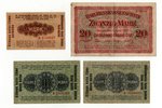комплект из 4 банкнот: 1/2 марки, 1 марка, 20 марок, 1918 г., Латвия, Литва, VF, Ost, Kowno...