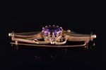 a brooch, gold, 56 standard, 4.69 g., the item's dimensions 1.5 x 4.7 cm, amethyst, Russia, fragment...