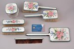 toiletry set of 7 items, silver/glass/enamel, 925 standard, total weight of items 850 g (without gla...