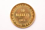 Somija, 10 markas, 1913 g., "Nikolajs II", zelts, 900 prove, 3.2258 g, tīra zelta svars 2.90322 g, K...