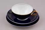 cobalt tea service: 5 tea trio, cream jug, teapot, sugar-bowl, pair of jam dishes, porcelain, M.S. K...