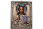 ikona, Jēzus Kristus Pantokrators (Visavaldītājs), dēlis, gleznojums, starpsienu emalja, sudraba uzl...