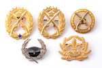 set of 5 badges: For excellent shooting, Swedish Scout Union etc., silver, 925 standard, Sweden, 20t...
