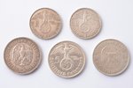 set of 5 coins, silver: 5 marks, 2 marks, 1934-1939, Germany, Ø 25 / 29 mm...