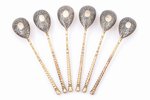 set of 6 spoons, silver, 84 standard, total weight of items 114.9 g, niello enamel, gilding, 12.4 cm...