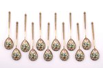 set of 12 coffee spoons, silver, 84 standard, total weight of items 187.55 g, cloisonne enamel, gild...