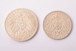 2 monētu komplekts: 3 markas, 5 markas, 1903-1910 g., A, D, sudrabs, 900 prove, Prūsija, Bavārijas K...