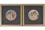 Suta Romans (1896-1944), Divi meti ar tautas motviem šķīvjiem, papīrs, akvarelis, 24 x 24 cm...