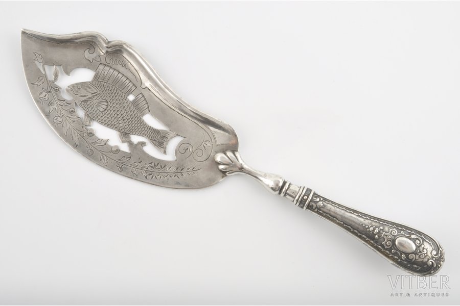 лопатка, серебро, для рыбы, мастер Рихард Мюллер, 84 проба, 127.3 г, 1892 г., Рига, Российская империя, длина 31 см