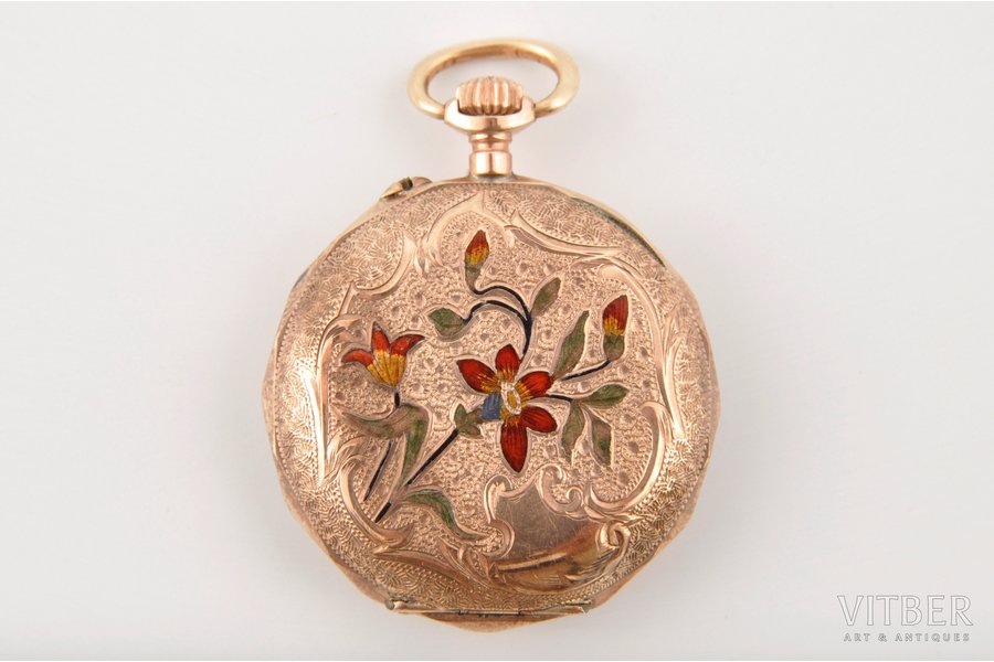 карманные часы, начало 20-го века, золото, 18.35 г, эмаль, диаметр 3 см, внутреняя крышка - металл