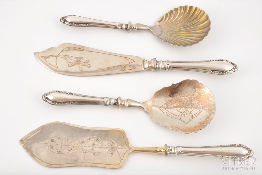 set of 4 dining accesories with silver handles, hallmark 875, Latvia, 20-30ties of 20th cent., handles' length 9.5, 10.5, 11 sm