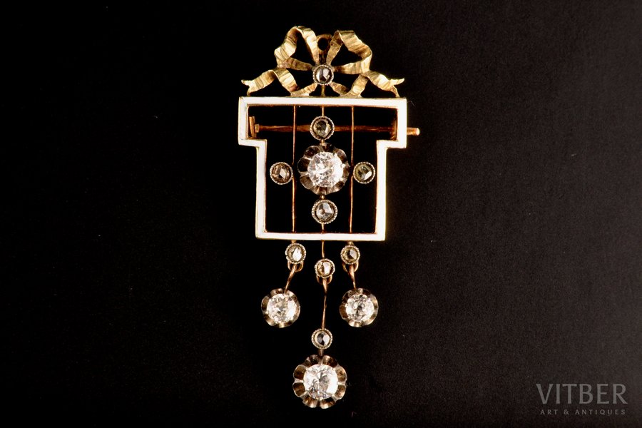 brooch-pendant with white enamel, 4 brilliants (3.5-4.4mm) and 9 diamonds, gold, 6.24 g., hallmark 56, size 5 х 2, Russian empire, 19th cent.