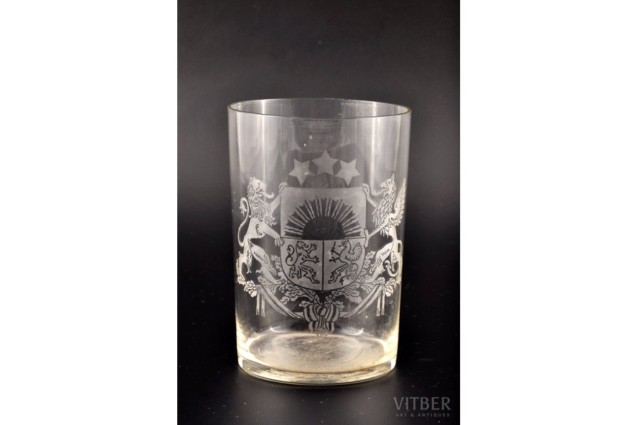 glass, (for glass holder) Latvian coat of arms, the 20-30ties of 20th cent., 9.6 x 6.15 cm