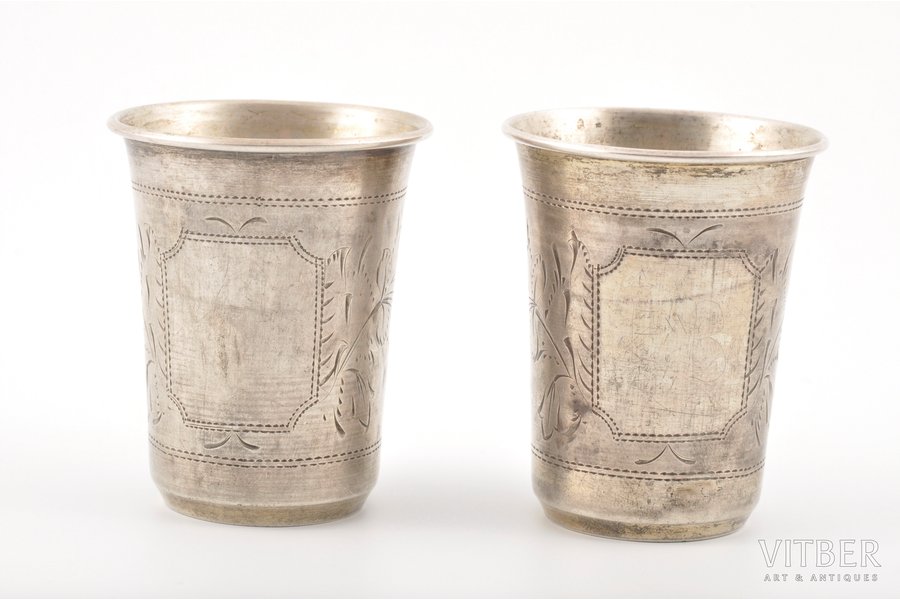 beaker, silver, 2 pcs., height 6 cm, 84 standard, 60.81 g, the beginning of the 20th cent., St. Petersburg, Russia, master H.P