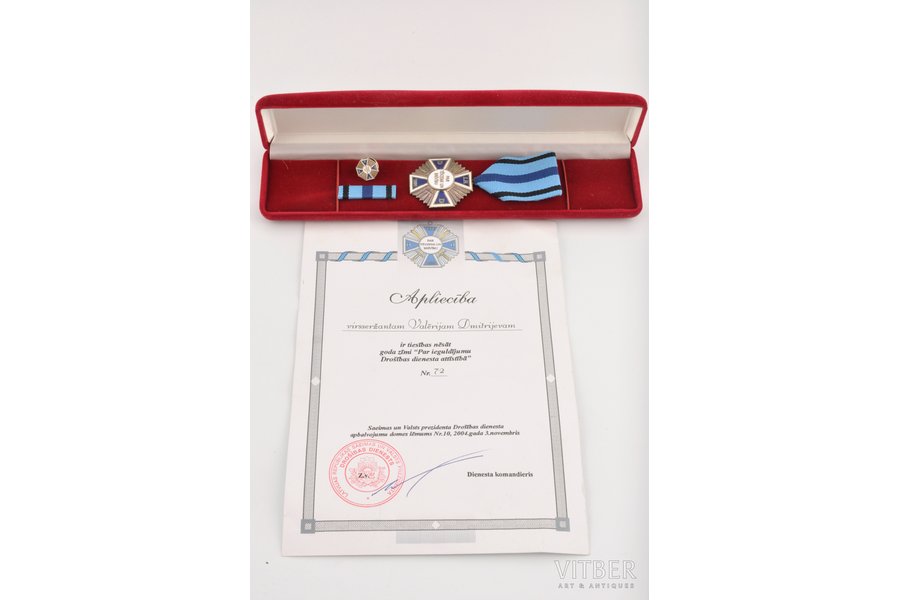 badge, document, For the contribution in the development of Security service, №72, with a certificate, silver, Latvia, 1990, 37 x 37 mm