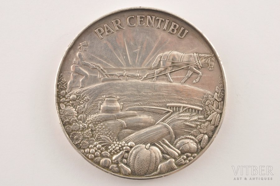 table medal, For diligence, ministry of agriculture, silver, Latvia, 20-30ies of 20th cent., 60x5 mm, 126.4 g