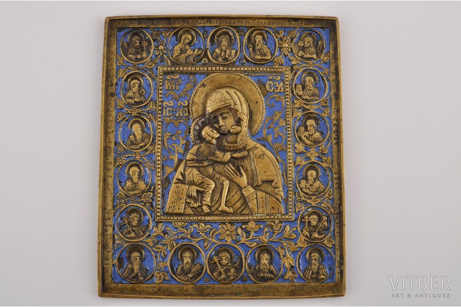 Fyodor's Mother of God with Jesus Christ and selected saints, copper alloy, 1-color enamel, Russia, the 19th cent., 14x12 cm, 301.6 g.