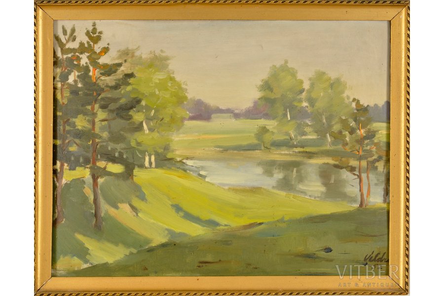Велдре Харийс (1927-1999), Пейзаж с прудом, 1952 г., картон, масло, 34.5 x 45 см