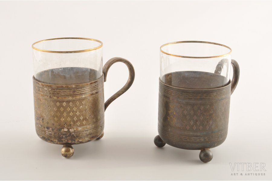 A set of 2 tea glass-holders "Warszawa" Norblin and 2 glasses, Poland, beginning of 20th cent.