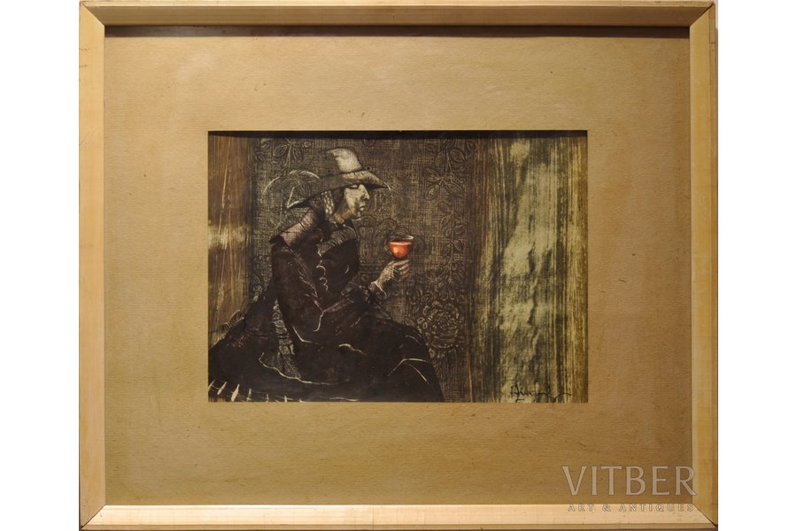 Zvirbulis Juris (1944), Dāma ar glāzi, papīrs, jaukta tehnika, 17.5 x 24.5 cm