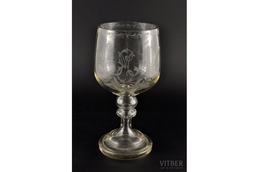 a wine glass, with initials "ЕМ", 26 cm, glass, Russia, the 2nd half of the 19th cent.