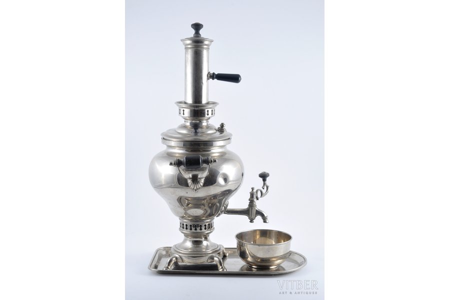 samovar, rinsing bowl, tray, A.Morozov, Russia, Germany, weight 2850+320+110 g, samovar's height (with a pipe) 59cm, a dropper dish's height 6 cm, a tray's dimensions 32х17сm