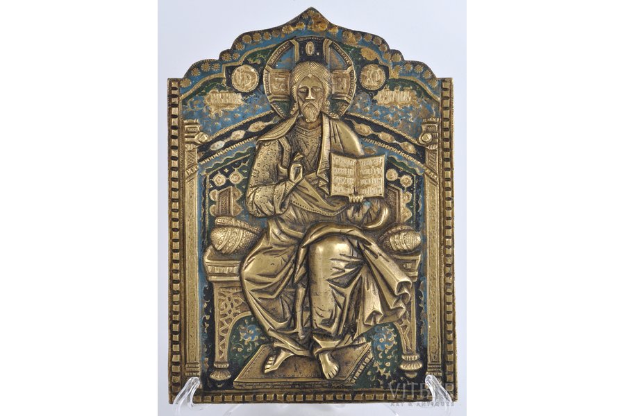The Saviour on the Throne, copper alloy, 3-color enamel, Russia, the 19th cent., 21.5x15.5 cm