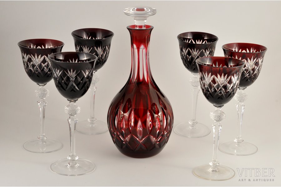 графин и шесть фужеров, WMF рубиновое стекло, номер изделия 128, Германия, 60е годы 20го века, идеальное состояние