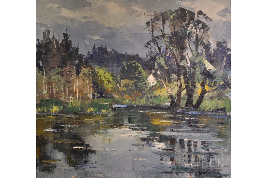 Veldre Harijs (1927-1999), Ainava ar ezeru, audekls, eļļa, 65x70 cm