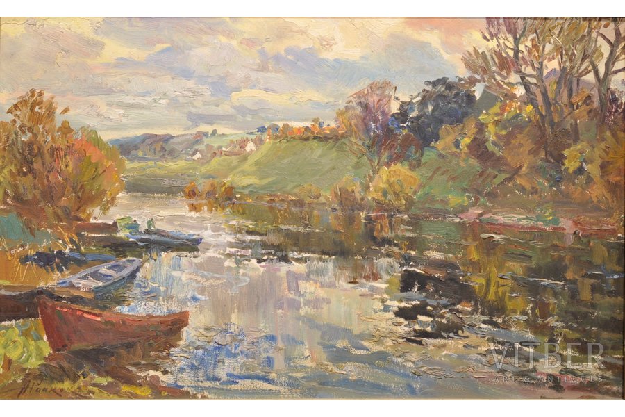 Pankoks Arnolds (1914-2008), A Landscape with Boats, carton, oil, 50.5x80 cm