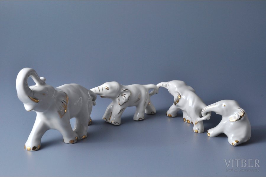 figurine, Elephants, porcelain, Riga (Latvia), USSR, Riga porcelain factory, the 60ies of 20th cent., 9x12, 4.5x9, 4.5x8.5, 4x5.5 cm