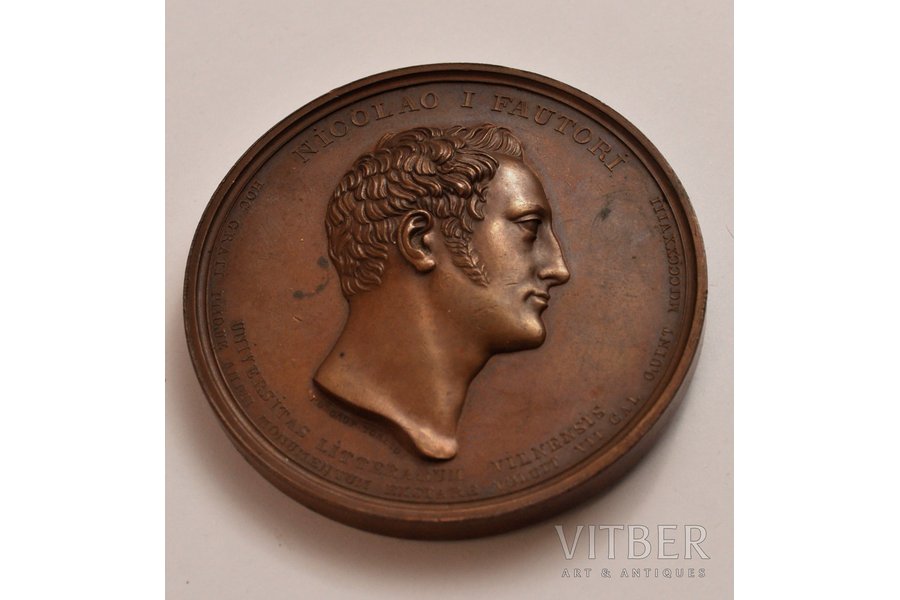 table medal, In memory of the 250th anniversary of the University of Vilen, Russia, Lithuania, 1828, 70х70 mm, 175.2 g, St.-Peterburg's mint, medal master - F.Tolstoy