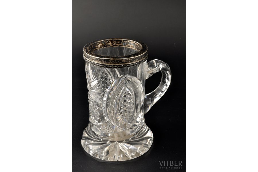 beer mug, crystal, silver, 875 standard, 15 cm, the 20-30ties of 20th cent., Latvia, HANDLE ADDITIONAL PHOTOS ATTACHED