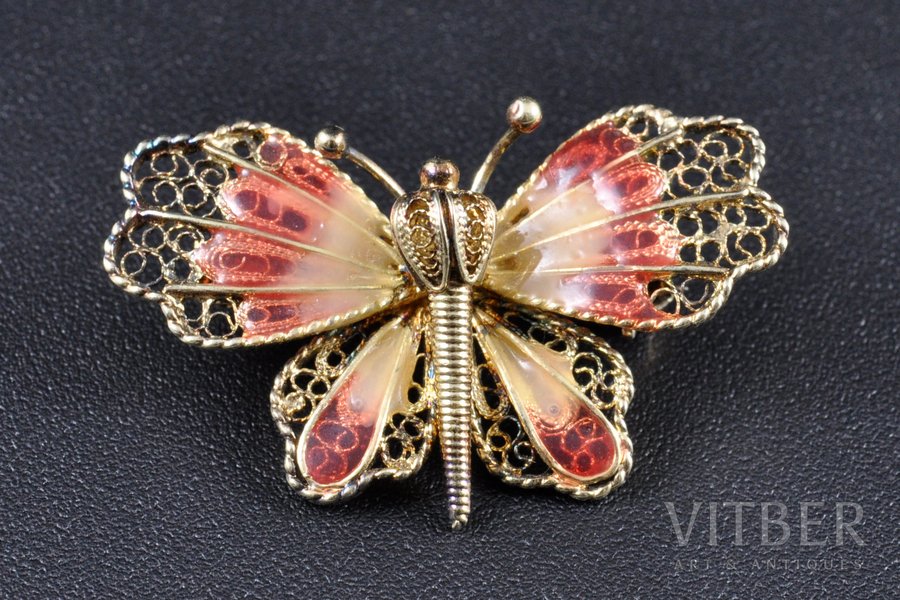 a brooch, Butterfly, silver, 925 standard, 4.18 g., the item's dimensions 2.3х3.6 cm, the 40-50ies of 20 cent., Italy, Florence filigree