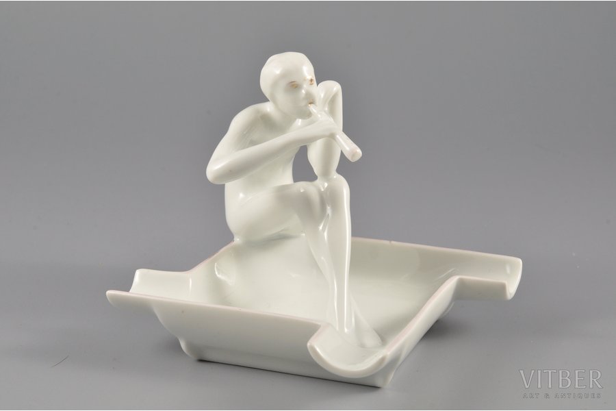 figurine, Ash-tray "Shepherd with a reed-pipe", porcelain, Riga (Latvia), M.S. Kuznetsov manufactory, the 30ties of 20th cent., 9x9.5x12 cm