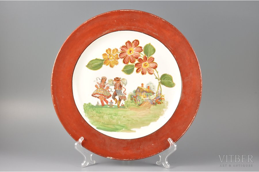 decorative plate, Folk motive, sculpture's work, Riga (Latvia), the 40ies of 20th cent., 32 cm, handpainted by Ivan Horkov, two chips