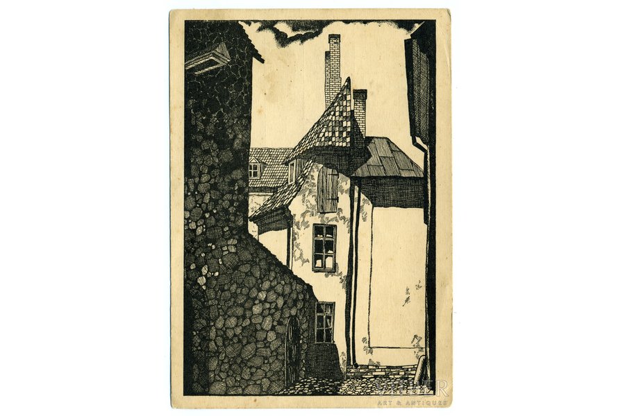 postcard, Riga, "M.Peitavas street" paintor S.Vidbergs, 20-30ties of 20th cent., 14,8x10,5 cm