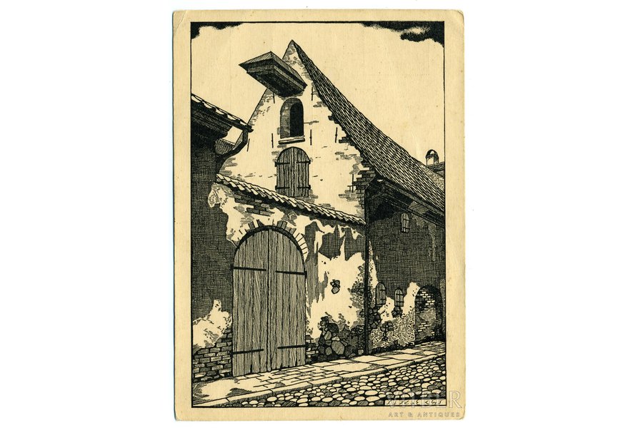 открытка, Рига, "улица Л.Яуниела", художник 
С.Видбергс, 20-30е годы 20-го века, 14,8x10,5 см