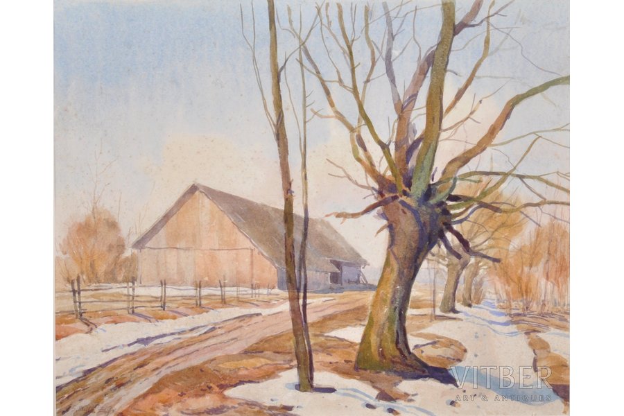 Gustiņš Zigurds (1919-1950), Pavasara ainava, 1948 g., papīrs, akvarelis, 30.5х37 cm