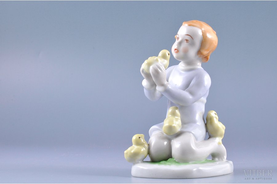 figurine, girl with chickens, porcelain, Riga (Latvia), USSR, Riga porcelain factory, the 40ies of 20th cent.