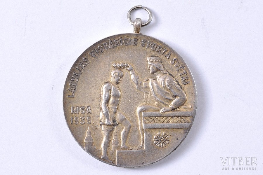 medal, Latvian universal sports day, silver, Latvia, 1935, 32х32 mm, 15.45 g, 1 place in basketball, medalist V.F.Muller