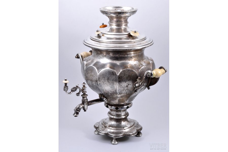 samovar, Genniger and Co, brass, ivory, silver plated, Russia, Poland, the 2nd half of the 19th cent., 45 cm, weight 3920 g
