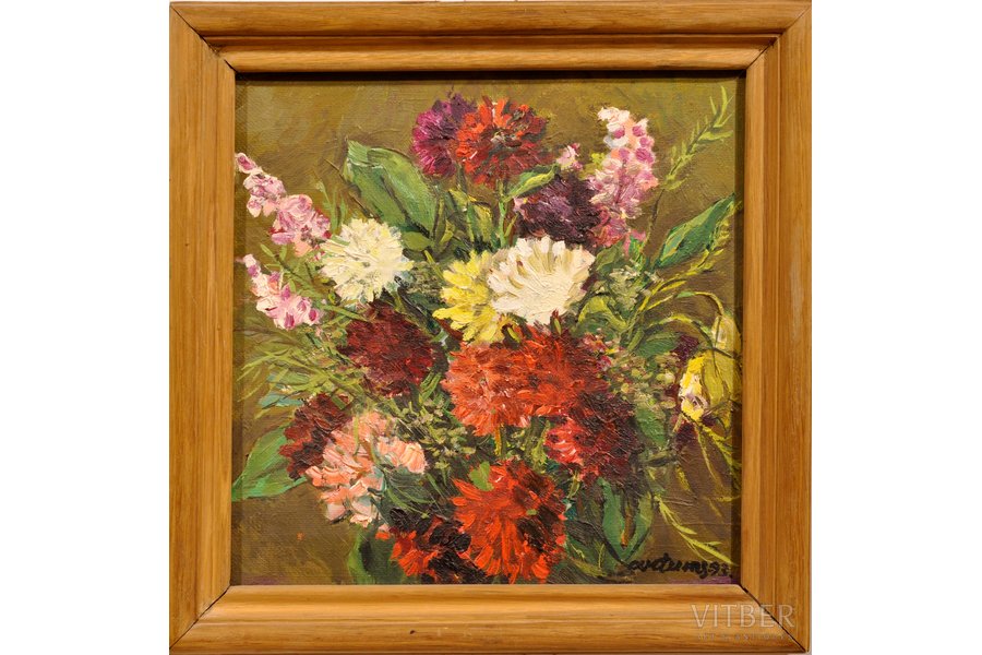 Artums Ansis (1908-1997), "Ziedi", 1993 g., audekls, eļļa, 32x31.5 cm
