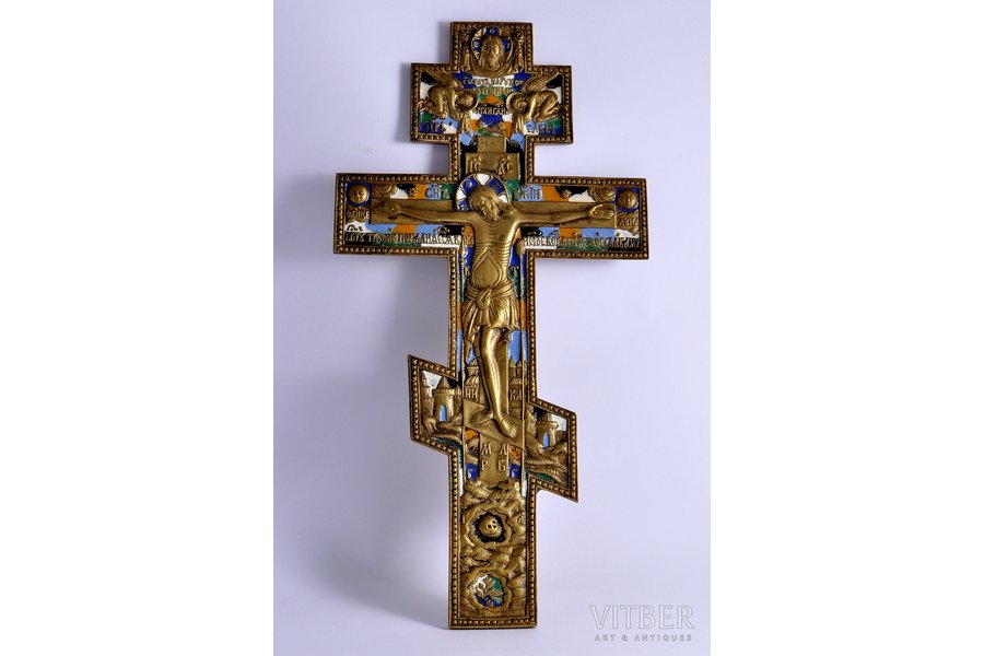 cross, the crucifixion, G.M.K. craftsman, copper alloy, 6-color enamel, Russia, 38x19.5 cm